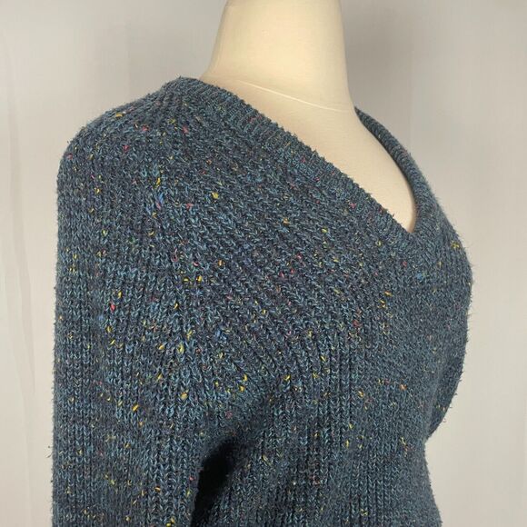 Vintage V Neck Sweater Size XL Blue Pullover Chunky Rib Knit Speckled 80s 90s - Picture 3 of 10